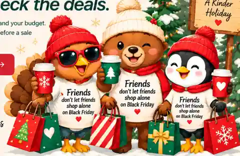 Friends in matching Black Friday shirts with festive coffees and shopping bags